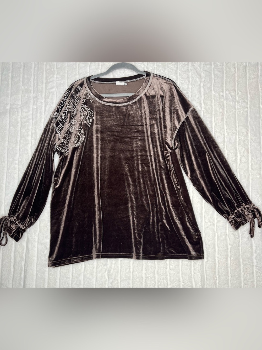 SIMPLE by Suzanne Betro Brown Velvet Velour Embroidered Paisley Boho Tunic Top L